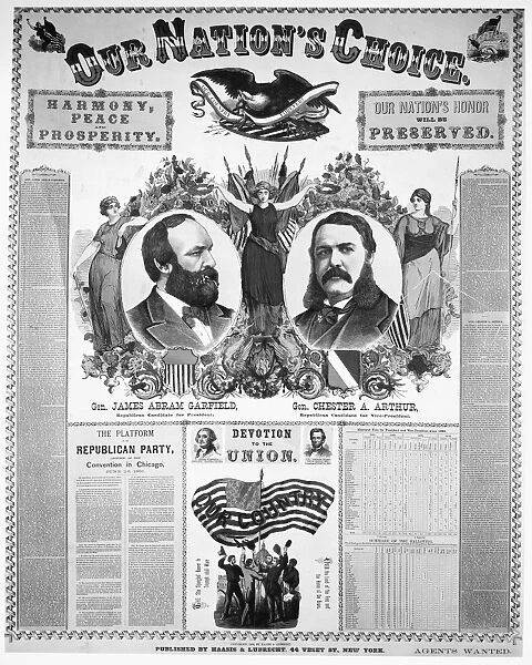 PRESIDENTIAL CAMPAIGN, 1880. James A. Garfield and Chester A. Arthur as the Republican party candidates for President and Vice President. A lithograph poster, 1880