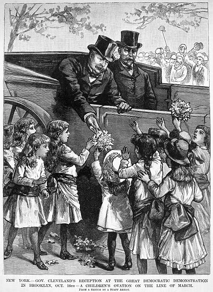 PRESIDENTIAL CAMPAIGN, 1884. Democratic party presidential candidate Grover Clevelands reception at a party event in Brooklyn, New York. Contemporary wood engraving