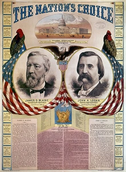 PRESIDENTIAL CAMPAIGN, 1884. James G. Blaine and John A. Logan as the presidential and vice presidential candidates on a Republican party lithograph campaign poster, 1884