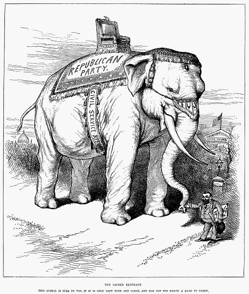PRESIDENTIAL CAMPAIGN, 1884. The Sacred Elephant. The artist presents the Republican elephant decked out in Indian finery. Cartoon by Thomas Nast from an American newspaper of spring 1884