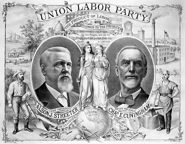 PRESIDENTIAL CAMPAIGN, 1888. Alson J. Streeter and Charles E. Cunnigham as the Union Labor Party candidates for President and Vice President. Lithograph campaign poster, 1888, by Kurz & Allison