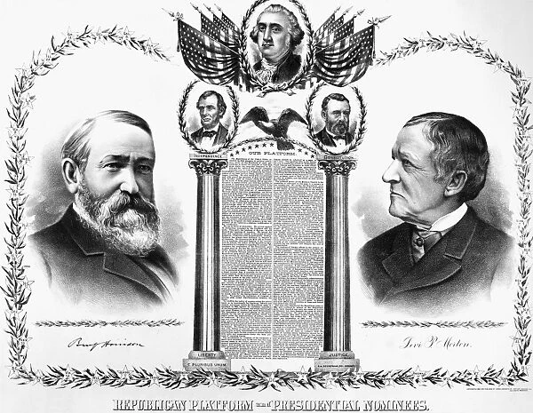 PRESIDENTIAL CAMPAIGN, 1888. Benjamin Harrison and Levi P. Morton as the Republican Party candidates for President and Vice President. Lithograph poster, 1888