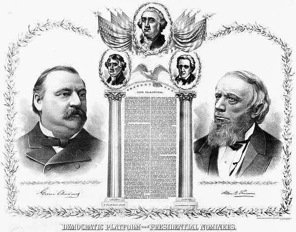PRESIDENTIAL CAMPAIGN, 1888. Grover Cleveland and Allen G. Thurman as the Democratic party candidates for President and Vice President. Lithograph poster, 1888