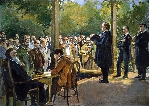 PRESIDENTIAL CAMPAIGN, 1896. William McKinley campaigning for the presidency from the front porch of his home in Canton, Ohio, in 1896, in front of his Civil War regiment, the 23rd Ohio Volunteers. Contemporary drawing
