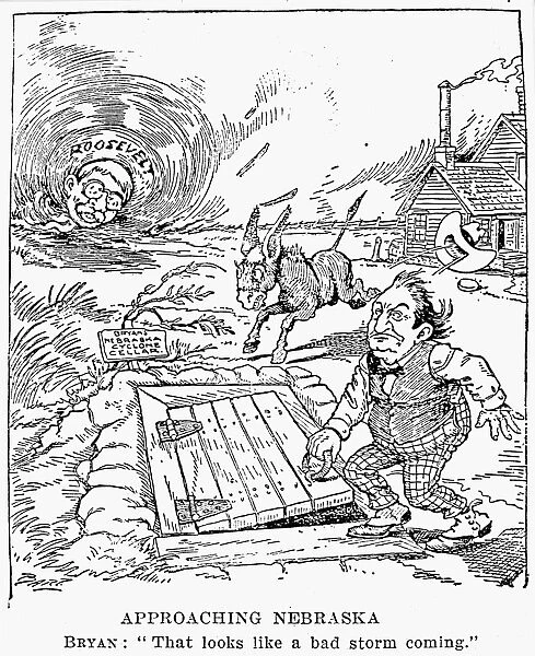 PRESIDENTIAL CAMPAIGN, 1900. Democratic presidential candidate William Jennings Bryan is threatened by the nationwide campaign of Theodore Roosevelt, the Republican vice presidential candidate, in this cartoon from the Minneapolis Journal, 1900