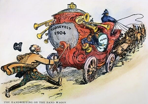 PRESIDENTIAL CAMPAIGN 1904. The Handwriting on the Band Wagon. Already supported by many western states, President Theodore Roosevelt heads full speed for victory in the 1904 election, leaving behind Republican Senator Thomas Collier Platt, no longer in control. American cartoon, 1902