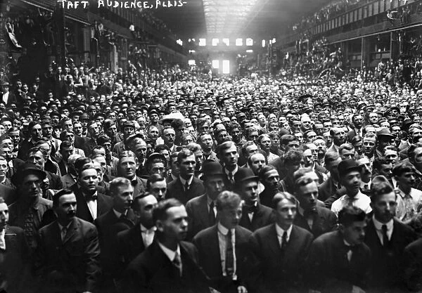PRESIDENTIAL CAMPAIGN, 1908. A crowd gathered inside an Allis-Chalmers Manufacturing Company plant in West Allis, Wisconsin, to hear Republican candidate William Howard Taft speak on his whistle-stop tour during the U. S. presidential campaign of 1908