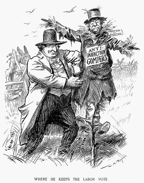 PRESIDENTIAL CAMPAIGN, 1908. Where He Keeps the Labor Vote. William Jennings Bryan pulls votes out of the pocket of Samuel Gompers, head of the American Federation of Labor, at the Democratic National Convention in Chicago, Illinois, 1908. Cartoon by W. A. Rogers