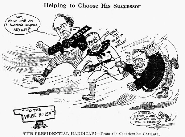 PRESIDENTIAL CAMPAIGN 1908. The Presidential Handicap! Democratic candidate William Jennings Bryan finds he has to compete not only with Republican candidate William Howard Taft, but also with President Theodore Roosevelt, Tafts mentor, in the 1908 election campaign. Contemporary American cartoon