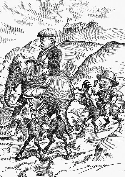 PRESIDENTIAL CAMPAIGN, 1912. Republican candidate William Howard Taft, on elephant, Democrat Woodrow Wilson, on a donkey, and Progressive of Bull-Moose candidate Theodore Roosevelt, on a moose, start off on the rough road in the three-way race to the White House. Cartoon by Clifford Berryman, 1912