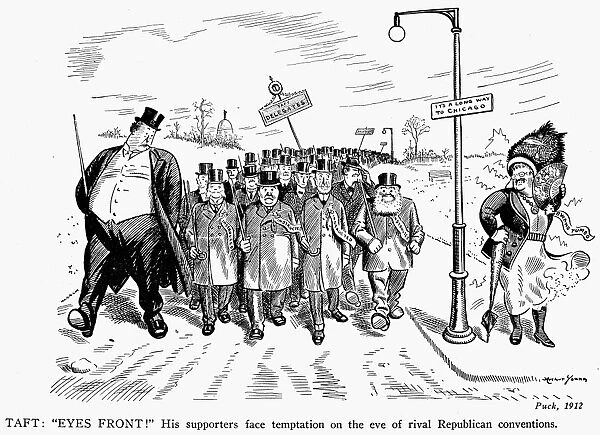 PRESIDENTIAL CAMPAIGN, 1912. Taft: Eyes Front! William Howard Tafts supporters face temptation (in the person of Theodore Roosevelt) on the eve of rival Republican conventions. Cartoon by Art Young from Puck, 1912
