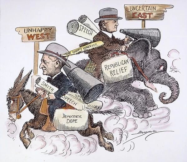 PRESIDENTIAL CAMPAIGN, 1928. Al Smith, the Democratic party candidate for President in 1928, and Herbert Hoover, the Republican contender, charge off to campaign in the regions where their support is weakest. Contemporary cartoon by Clifford Berryman