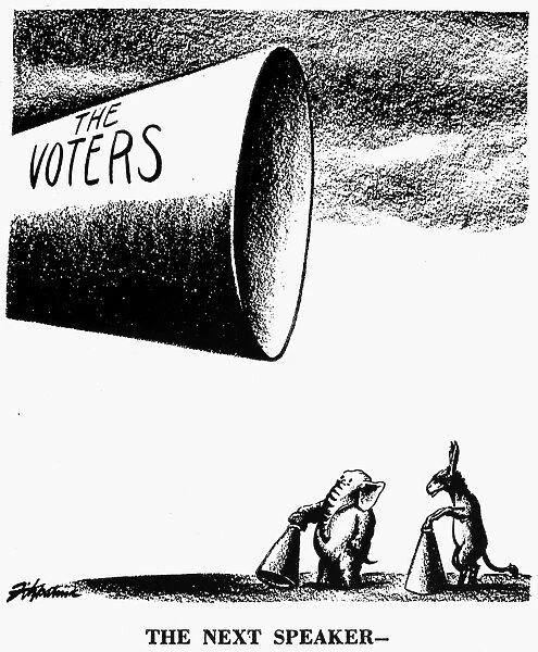 PRESIDENTIAL CAMPAIGN, 1948. The Next Speaker. Cartoon, 31 October 1948, by D. R. Fitzpatrick for the St. Louis Post-Dispatch, showing the Democrats and Republicans both waiting for the American voter to state his presidential preference, two days before the election