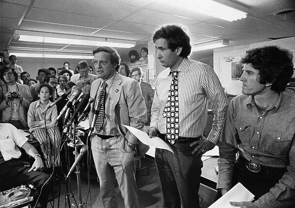 PRESIDENTIAL CAMPAIGN, 1972. Frank Mankiewicz (at microphone), political director for the presidential campaign of Senator George McGovern of South Dakota, speaking at a press conference in Washington, D. C. 29 June 1972. Next to him are strategist Rick Stearns (center) and campaign manager Gary Hart, a future U. S. senator from Colorado