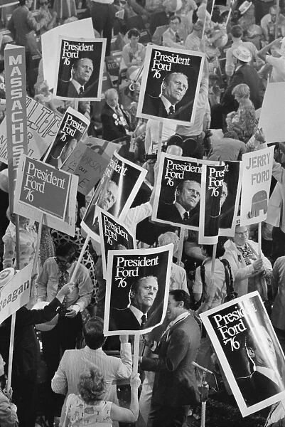PRESIDENTIAL CAMPAIGN, 1976. Delegates supporting President Gerald Ford demonstrating on the floor of the Republican National Convention in Kansas City, Missouri, August 1976. Photographed by John T. Bledsoe