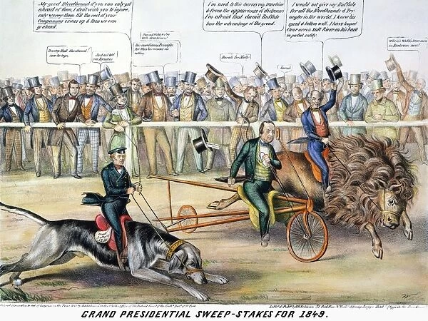 PRESIDENTIAL CAMPAIGN. Grand Presidential Sweepstakes for 1849. American lithograph cartoon of 1848 showing Martin Van Buren leading Lewis Cass and Zachary Taylor in a three-way race for the presidency