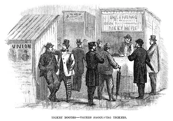 PRESIDENTIAL ELECTION, 1864. Voters procuring tickets at ticket booths in New York