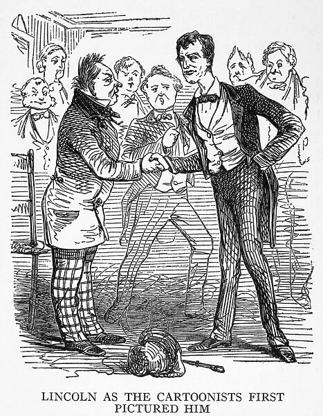 Presidential nominee Abraham Lincoln, depicted inaccurately as a poorly clad westerner, in Springfield, Illinois, meeting the humorist Artemus Ward, who was writing a profile of Lincoln for Vanity Fair