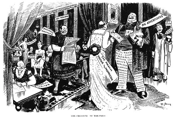 PRESS CARTOON, 1912. The Freedom of the Press : American cartoon by Art Young, 1912, on the consequences of the dependence of the press on corporate advertising