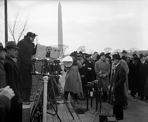 PRESS CONFERENCE, 1939. NBC announcer Gordon Hittenmark interviewing Federal Communications