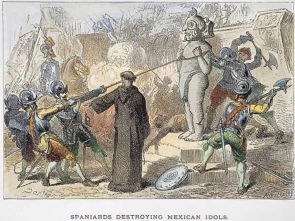 PRIEST IN MEXICO. A Spanish priest overseeing the destruction by conquistadors of a statue of an Aztec god: line engraving after an illustration by Felix O. C. Darley, 19th century