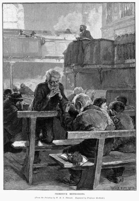Framed Print : PRIMITIVE METHODISTS, 1888. Primitive Methodists at Prayer. Wood engraving after William Holt Yates Titcombs painting, c1888, of the Primitive Methodist congregation of Fore Street, St. Ives, England
