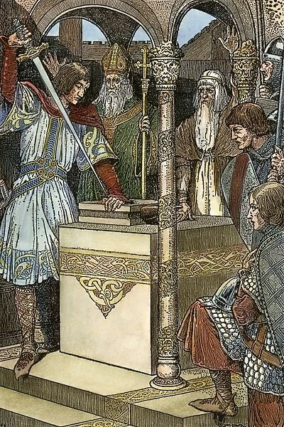 PRINCE ARTHUR, 1923. Arthur drawing the sword from the stone. Illustration by Louis Rhead