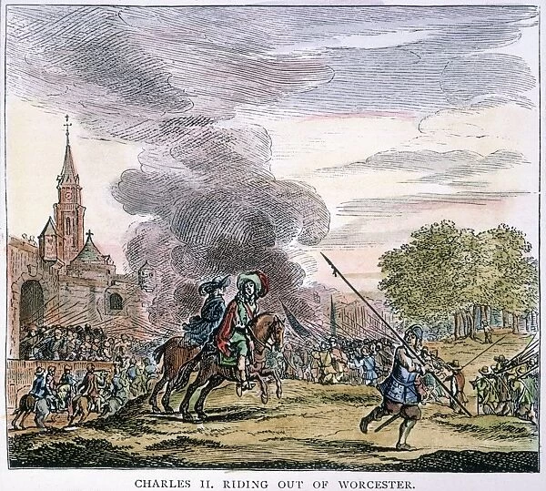 PRINCE CHARLES (later Charles II of England) rides out of the city of Worcester to fight Oliver Cromwells Parlimentary forces in 1651: Dutch engraving, 1661