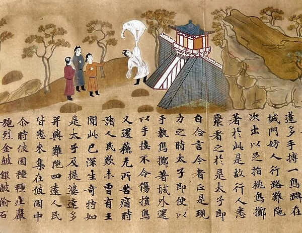 Prince Gautama lifts up an elephant. Japanese silk painting, 8th century