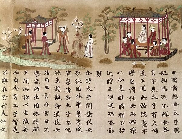 Prince Gautama (third from right) leaves his wealthy familys home to enter the forest; attendants go to inform his family. Japanese silk painting, 8th century
