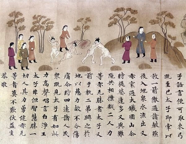 Prince Gautama wrestling as a youth. Japanese silk painting, 8th century