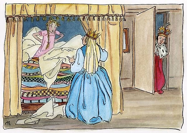 PRINCESS AND THE PEA. Drawing by Arthur Rackham for the fairy tale by Hans Christian Andersen