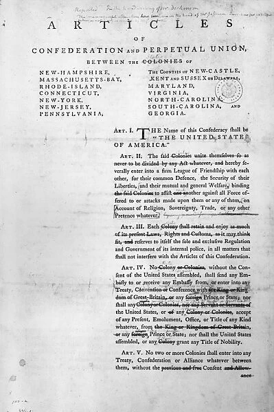 Printed page from the Articles of Confederation, with marginal notes by Thomas Jefferson, 1775