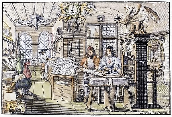 PRINTING OFFICE. Interior of a printing office. Dutch woodcut by Abraham von Werdt