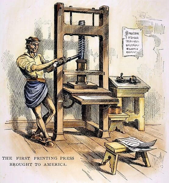 PRINTING PRESS, 1639. The first printing press brought to colonial America in 1639 by the English printer Stephen Daye, who set it up in Cambridge, Massachusetts. Wood engraving, American, 19th century