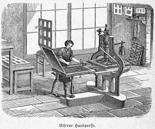 PRINTING PRESS, 1805. Charles Stanhopes stereotype press, invented in 1805. Wood engraving, German, 19th century