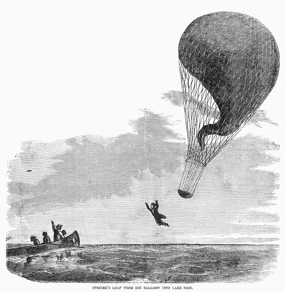 Professor John Steiner leaping from his hot air balloon into Lake Erie during an attempt to fly to Canada in 1857. Contemporary American wood engraving