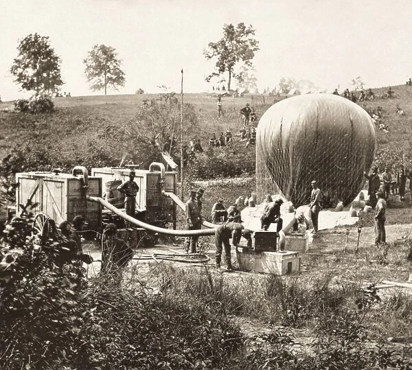 Professor Thaddeus Sobieski Coulincourt Lowe inflating his reconnaissance balloon Intrepid on Gaines Hill, Virginia, shortly before the Battle of Fair Oaks during the American Civil War, May 1862. Photograph by Mathew Brady or one of his assistants
