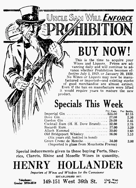 PROHIBITION, 1919. Uncle Sam Will Enforce Prohibition. Buy Now! Advertisement for a wine