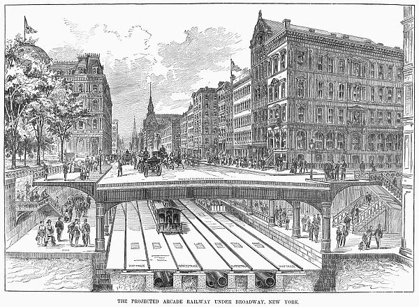 The projected arcade railway under Broadway, New York. Wood engraving, 1884