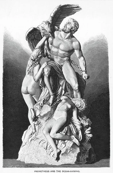 PROMETHEUS. Prometheus and the ocean nymphs. Line engraving, 19th century, after a sculpture by Eduard Muller