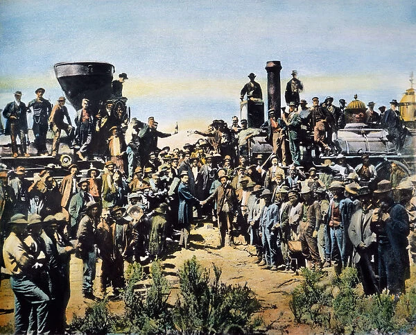 PROMONTORY SUMMIT, 1869. The joining of the Central Pacific (left) and the Union Pacific Railroads on May 10, 1869, at Promontory Point, Utah. Oil over a photograph