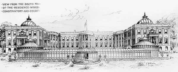 Proposal for an extension of the White House, Washington, D. C. to the south, two wings and a conservatory enclosing a court. Drawing by the architect F. D. Owen, 1840s