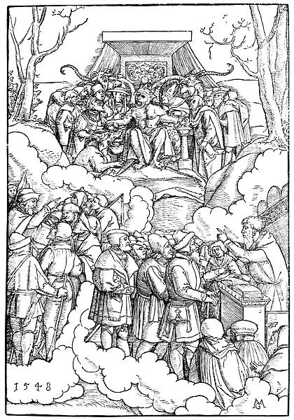 PROTESTANT REFORMATION. Antichrist Enthroned With Roman Clerics as Advisors: German woodcut