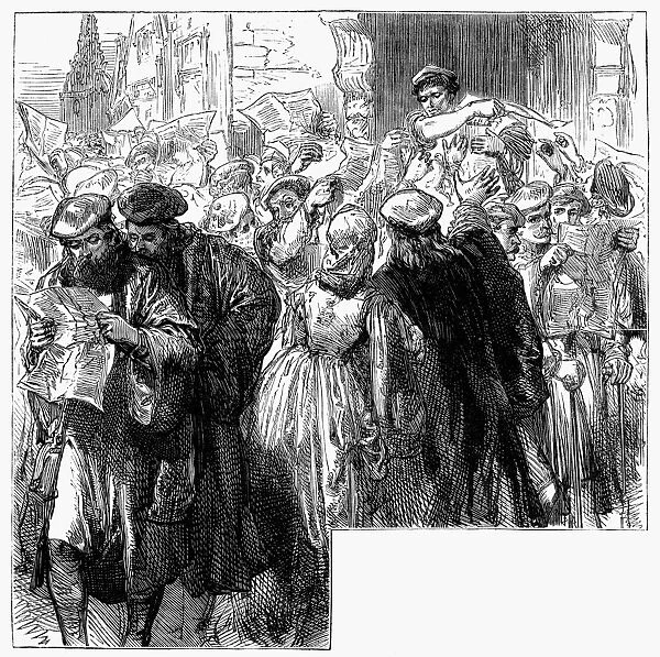 PROTESTANT REFORMATION. Townspeople buying Martin Luthers tracts at the printing office in Wittenberg, Germany. Wood engraving, 19th century