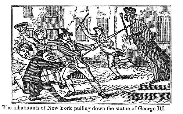 Protesters in New York pull down the statue of King George III after reading the Declaration of Independence, 9th July 1776. Wood engraving, American, c1850
