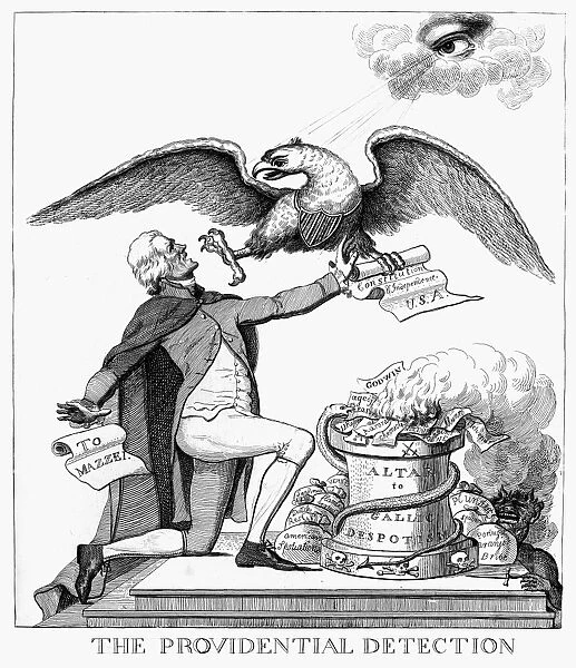 The Providential Detection. American cartoon, c1800, assailing Jefferson, the recognized head of the party friendly to France, for preparing to sacrifice American neutrality on an Altar to Gallic Despotism