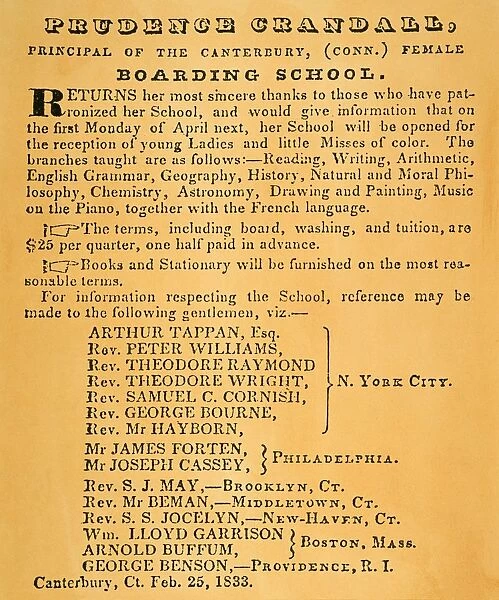 Prudence Crandalls advertisement in The Liberator, 1833, announcing the opening of her school in Canterbury, Connecticut, to young Ladies and little Misses of color and offering the names of leading abolitionists as references
