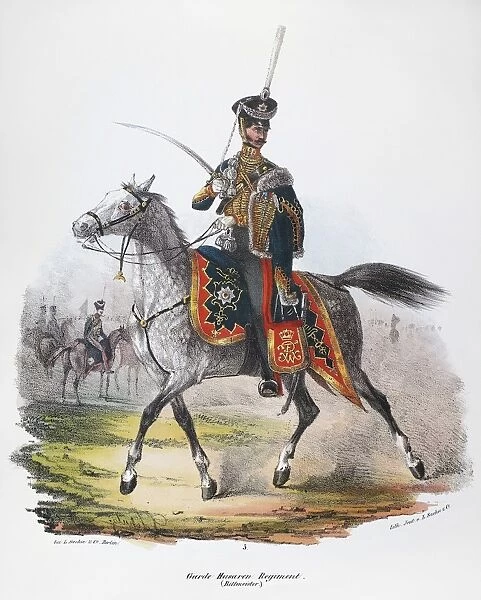 PRUSSIAN SOLDIER, 1830. Captain of the Hussar Regiment of the Prussian Guards. German lithograph