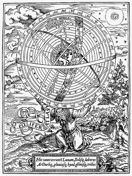 PTOLEMAIC UNIVERSE, 1559. Atlas holding up a geocentric universe